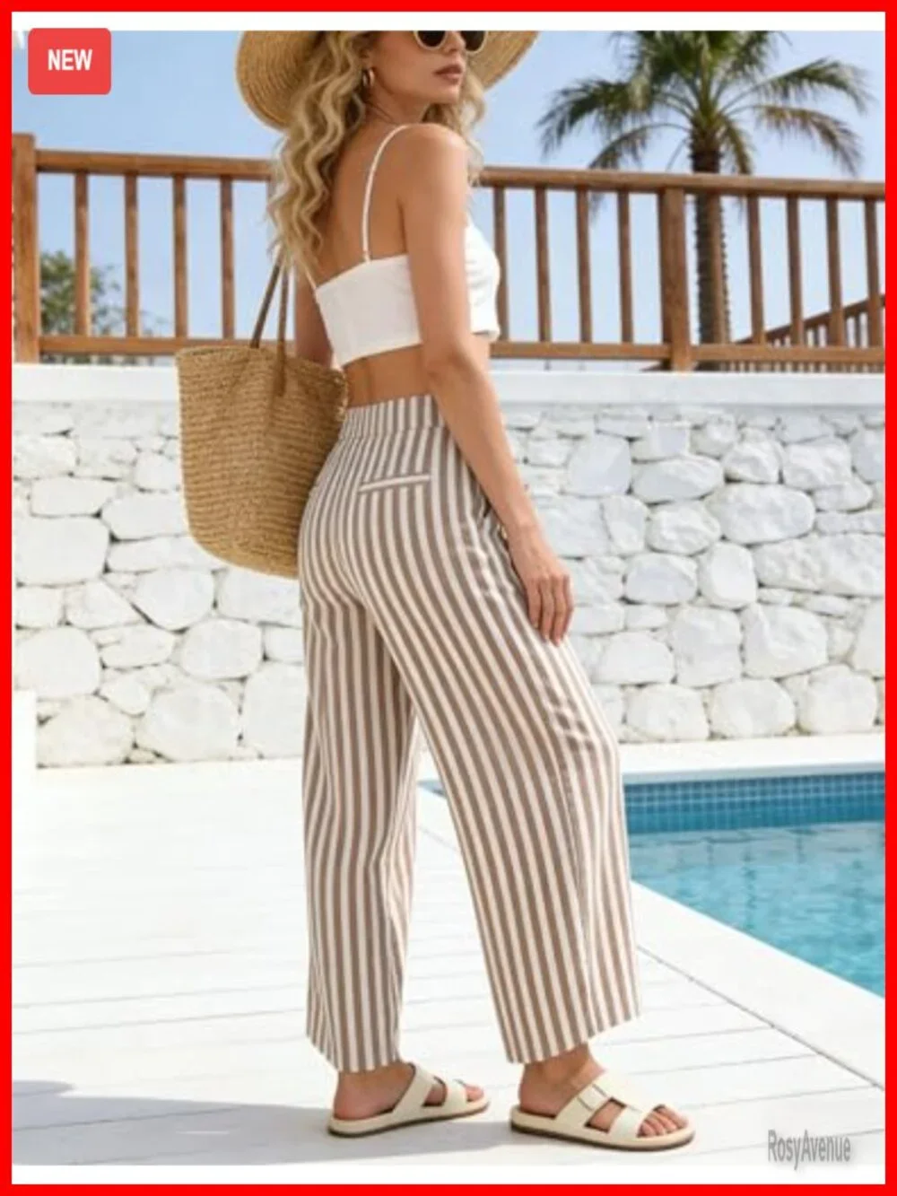 Striped Barrel Pants Wide Leg Palazzo Trousers High Rise Elastic Waist